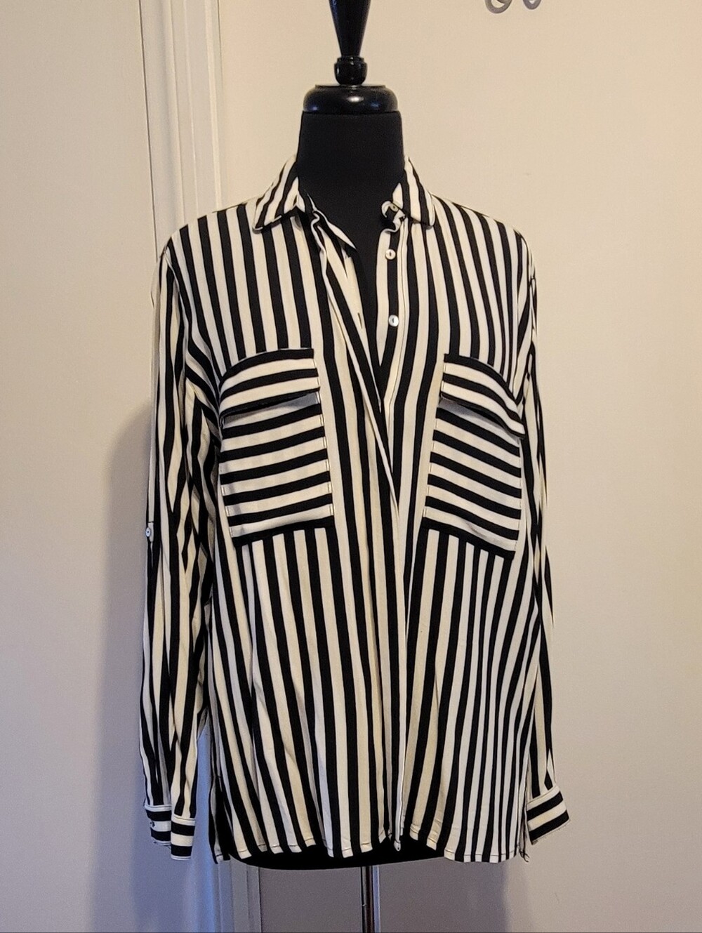 Zara Black & White Striped Button Down Top